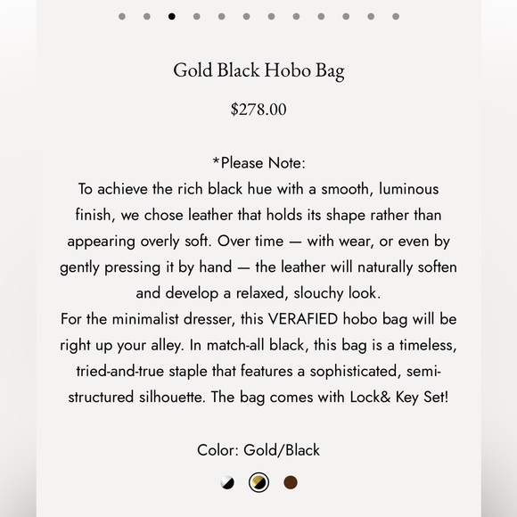 Verafied NY Hobo Gold Black Leather - Minimalist Style Lock and Key - Dust Bag - Picture 4 of 16